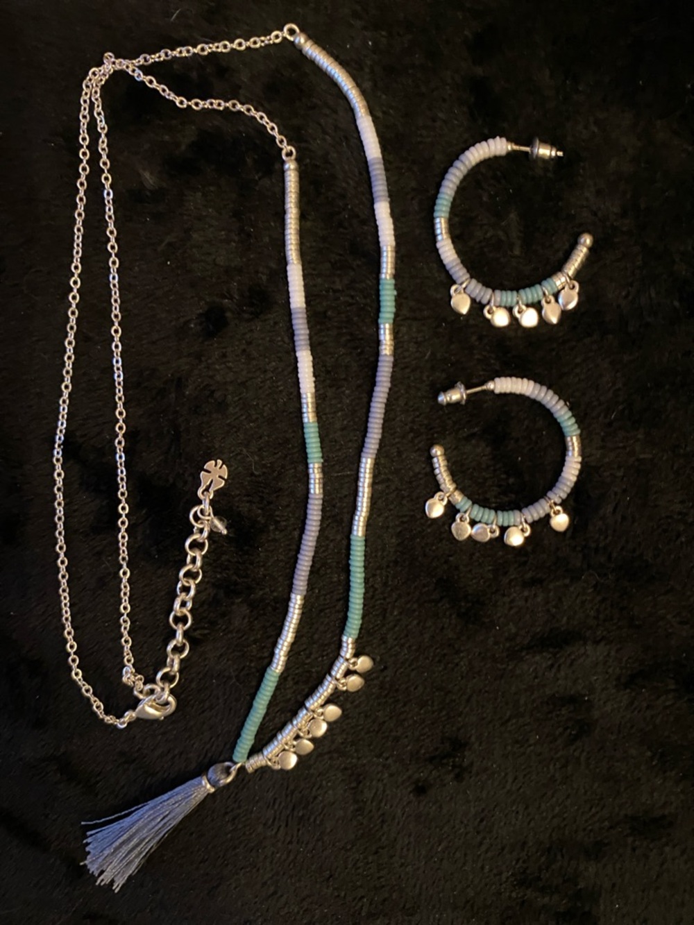 Lucky Brand Beaded Tassel Necklace and Hoop Earring Set - Blue Green